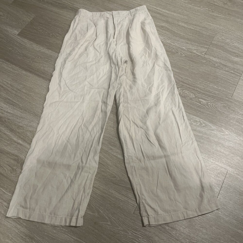 Gap Women Easy Trousers Wide-Leg Linen Blend Beige Pleat Dress Pants 6 Casual